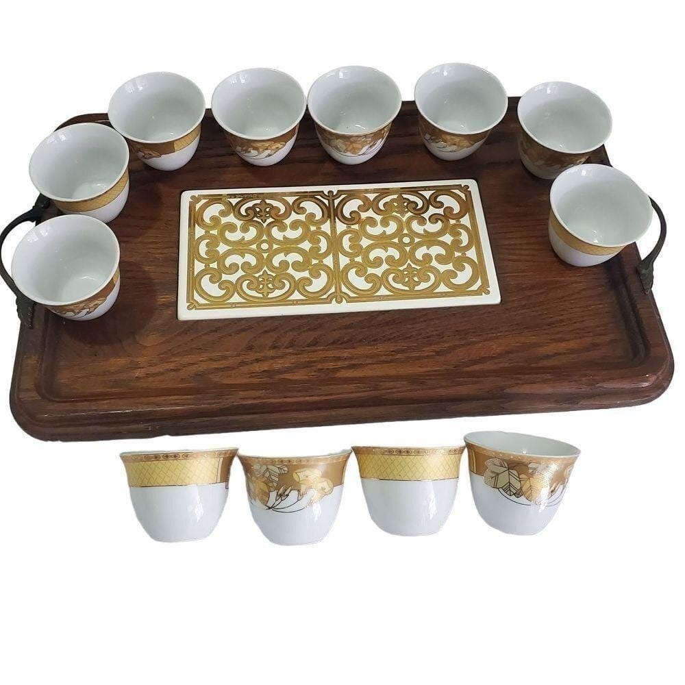 Georges Briard Vintage Wood Tray with Tile Inlay and 12 Gold Leaf Porcelain Cups
